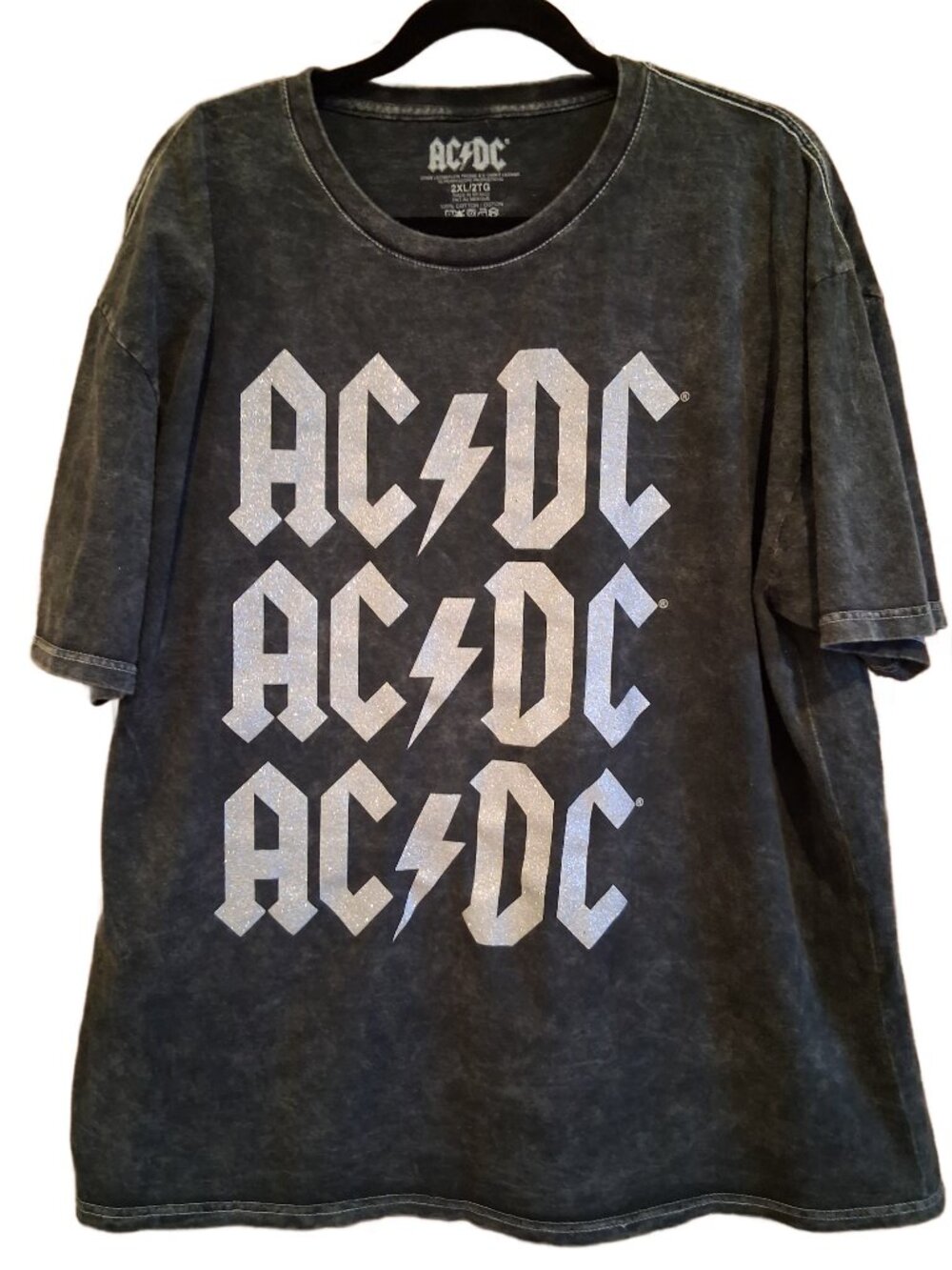 AC/DC Men's Gray w' Silver Glitter Logos S/S TShirt Size 2XL